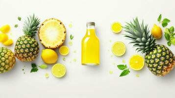 Top view of organic fruits and juice bottle with pineapple, lime on white background, by AI Generative. photo