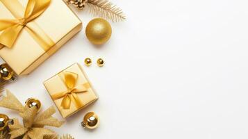 Top view of gold gift box with copy space, golden decorations on white background, Generative ai. photo