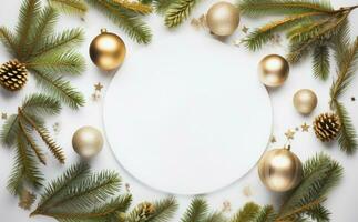 Flat lay of Christmas decorations on white background, by AI Generative. photo