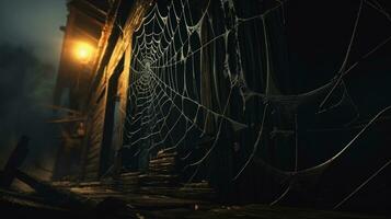 Old spider web on corner of abandoned house and ghost pumpkin, halloween concept, by AI Generative. photo