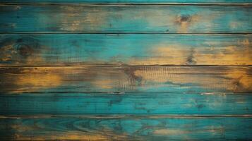 Old wood floor texture background, Turquoise and golden color, dark light, by AI Generative. photo