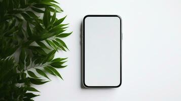 Top view of black smartphone with white screen on white background. by AI Generative. photo