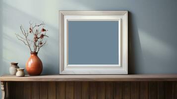 White picture frame mockup on wood table with home decoration, Afternoon light by the window, Generative ai. photo