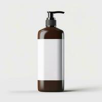 Brown cleansing shampoo bottle with white label template on bottle on white background, Generative ai. photo