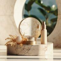 Beige stone circle podium, product display luxury with cosmetic presentation background, Generative ai. photo