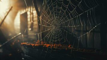 Old spider web on corner of abandoned house and ghost pumpkin, halloween concept, by AI Generative. photo