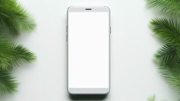 Flat lay of smartphone with blank and leaves and flowers screen on white background, Generative ai. photo