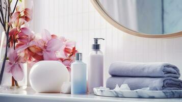 Bathing products in bathroom and spa shampoo with shower gel for cosmetics, by AI Generative. photo
