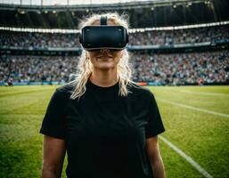 photo of beautiful woman with VR glasses headset at stadium sport arena, generative AI