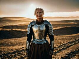 photo of strong ancient senior female warrior with roman armor stained, generative AI