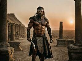 photo of ancient barbarian male warrior stained , generative AI