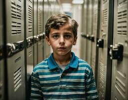 photo of scary boy kid in locker room, generative AI