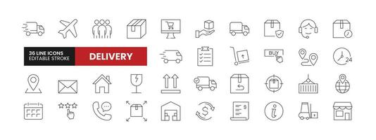 Set of 36 Delivery and Logistics line icons set. Delivery outline icons with editable stroke collection. Includes Fast Delivery, Courier, Fragile, Shipment, and More. vector