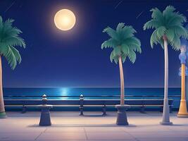 Night urban embankment illuminated by street lights. Cartoon vector illustration of benches, palm trees, empty seaside town promenade. ai generated photo