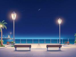 Night urban embankment illuminated by street lights. Cartoon vector illustration of benches, palm trees, empty seaside town promenade. ai generated photo