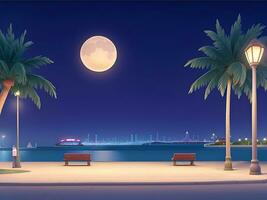 Night urban embankment illuminated by street lights. Cartoon vector illustration of benches, palm trees, empty seaside town promenade. ai generated photo