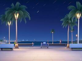 noche urbano terraplén iluminado por calle luces. dibujos animados vector ilustración de bancos, palma árboles, vacío playa pueblo paseo. ai generado foto