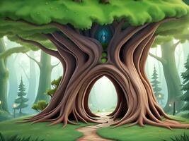 Vector illustration Fantasy forest background with hollow tree, ai generated photo