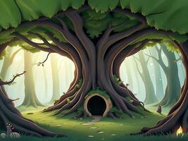 Vector illustration Fantasy forest background with hollow tree, ai generated photo