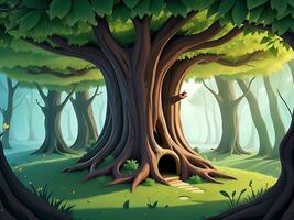 Vector illustration Fantasy forest background with hollow tree, ai generated photo