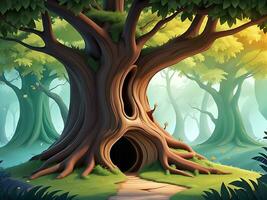 Vector illustration Fantasy forest background with hollow tree, ai generated photo