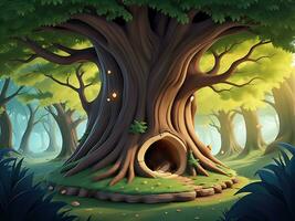 Vector illustration Fantasy forest background with hollow tree, ai generated photo