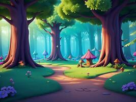resumen y mágico encantado bosque antecedentes ambiente para un batalla arena móvil juego. encantado bosque camino paisaje plano dibujos animados estilo. 3d realista ilustración. ai generado foto