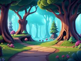 resumen y mágico encantado bosque antecedentes ambiente para un batalla arena móvil juego. encantado bosque camino paisaje plano dibujos animados estilo. 3d realista ilustración. ai generado foto