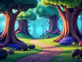 resumen y mágico encantado bosque antecedentes ambiente para un batalla arena móvil juego. encantado bosque camino paisaje plano dibujos animados estilo. 3d realista ilustración. ai generado foto