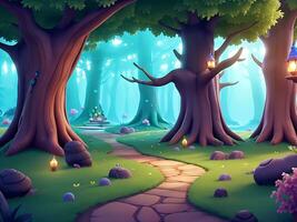 resumen y mágico encantado bosque antecedentes ambiente para un batalla arena móvil juego. encantado bosque camino paisaje plano dibujos animados estilo. 3d realista ilustración. ai generado foto