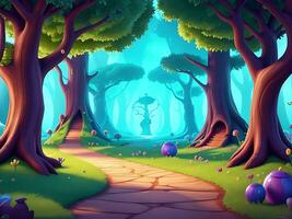 resumen y mágico encantado bosque antecedentes ambiente para un batalla arena móvil juego. encantado bosque camino paisaje plano dibujos animados estilo. 3d realista ilustración. ai generado foto