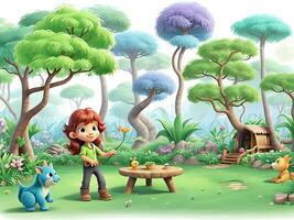 Jungle kids tales, fairytale gardening. forest garden for kid, coloring landscape. ai generated photo