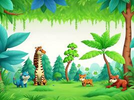 Forest jungle wallpaper with trees and colorful foliage, with copyspace for text. Vector jungle for kids. ai generated photo