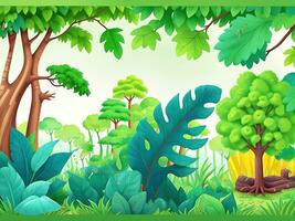 Forest jungle wallpaper with trees and colorful foliage, with copyspace for text. Vector jungle for kids. ai generated photo