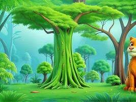 Forest jungle wallpaper with trees and colorful foliage, with copyspace for text. Vector jungle for kids. ai generated photo