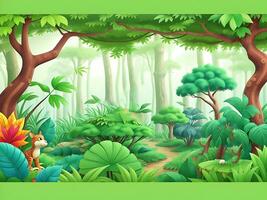 Forest jungle wallpaper with trees and colorful foliage, with copyspace for text. Vector jungle for kids. ai generated photo