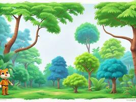 bosque selva fondo de pantalla con arboles y vistoso follaje, con copyspace para texto. vector selva para niños. ai generado foto