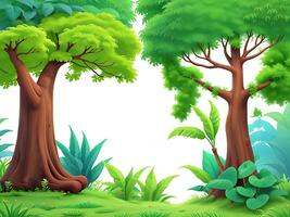 Forest jungle wallpaper with trees and colorful foliage, with copyspace for text. Vector jungle for kids. ai generated photo