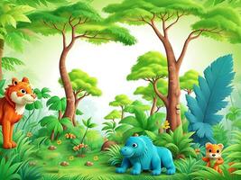 Forest jungle wallpaper with trees and colorful foliage, with copyspace for text. Vector jungle for kids. ai generated photo