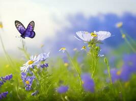 Beautiful wild flowers chamomile, purple wild peas, butterfly in morning haze in nature close-up macro. ai generated photo