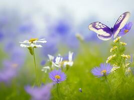 Beautiful wild flowers chamomile, purple wild peas, butterfly in morning haze in nature close-up macro. ai generated photo