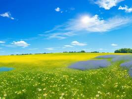 Natural colorful panoramic landscape with many wild flowers of daisies against blue sky. ai generated photo