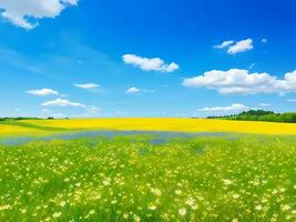 Natural colorful panoramic landscape with many wild flowers of daisies against blue sky. ai generated photo