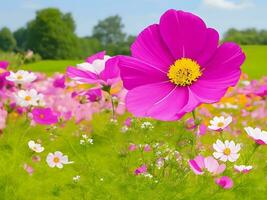 Wild flowers of clover and butterfly in a meadow in nature in the rays of sunlight in summer in the spring close-up of a macro. ai generated photo