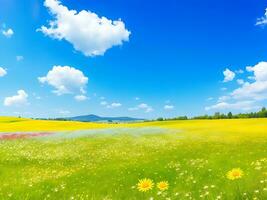 natural vistoso panorámico paisaje con muchos salvaje flores de margaritas en contra azul cielo. ai generado foto
