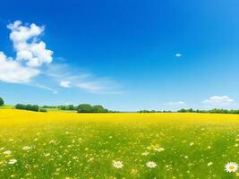 Natural colorful panoramic landscape with many wild flowers of daisies against blue sky. ai generated photo