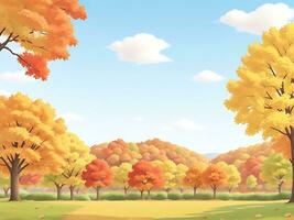 Landscape of a beautiful autumn park. Beautiful Autumn Trees, Falling Colorful Leaves, Clouds and the Sky. Vector cotton illustration, ai generated photo