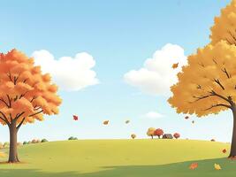 Landscape of a beautiful autumn park. Beautiful Autumn Trees, Falling Colorful Leaves, Clouds and the Sky. Vector cotton illustration, ai generated photo
