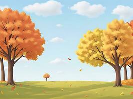 paisaje de un hermosa otoño parque. hermosa otoño árboles, que cae vistoso hojas, nubes y el cielo. vector algodón ilustración, ai generado foto