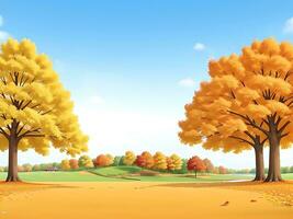 paisaje de un hermosa otoño parque. hermosa otoño árboles, que cae vistoso hojas, nubes y el cielo. vector algodón ilustración, ai generado foto